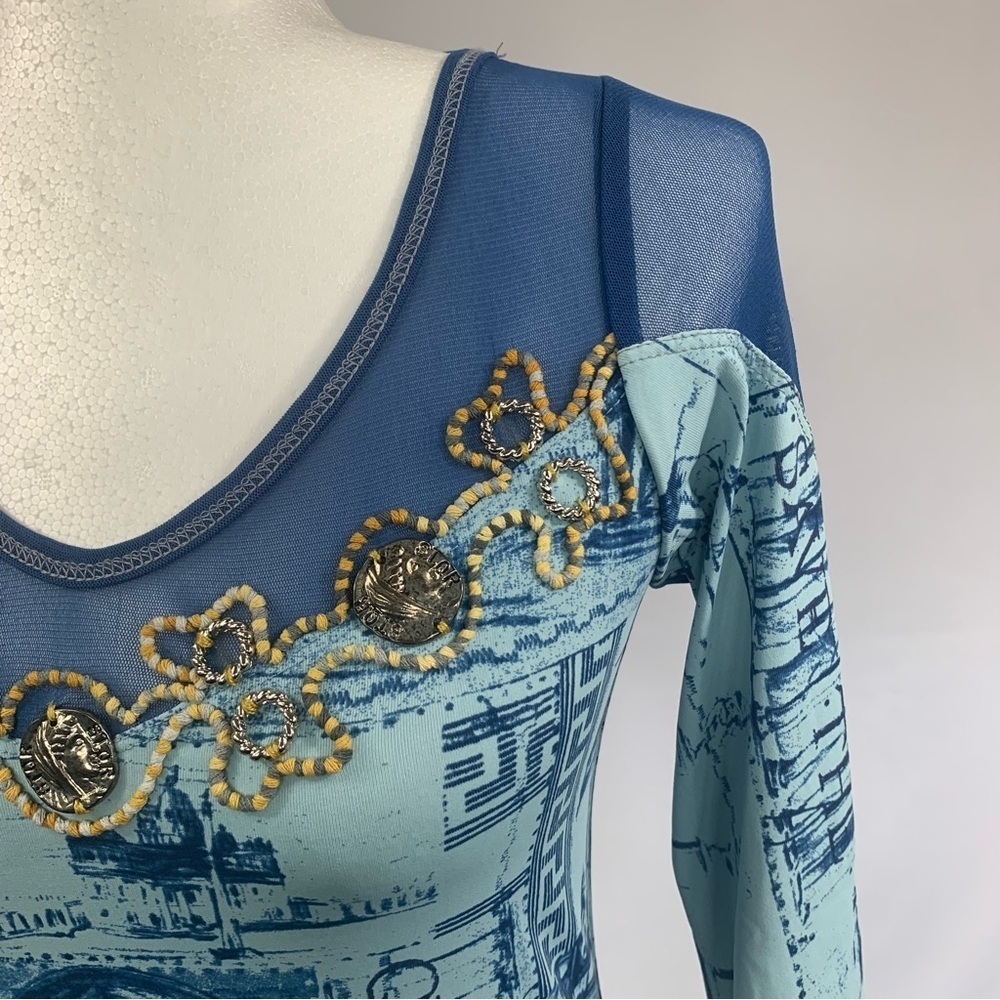 Save the Queen Vintage Graphic Top Sheer Panels Embellished 3/4 Sleeves Blues MS - Picture 6 of 16